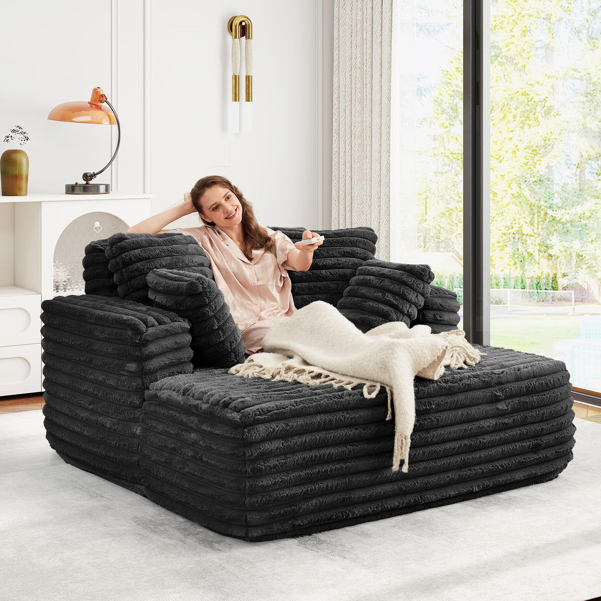JEEOHEY 56"W Oversized Chaise Lounge Chair Indoor,Plush Faux Fur Sleeper Sofa Couch Bed with Pillows&Wide Armrest,Fluffy Comfy Cloud Sofa,Compression Foam Boneless Couch for Living Room,Bedroom(Black) JEEOHEY