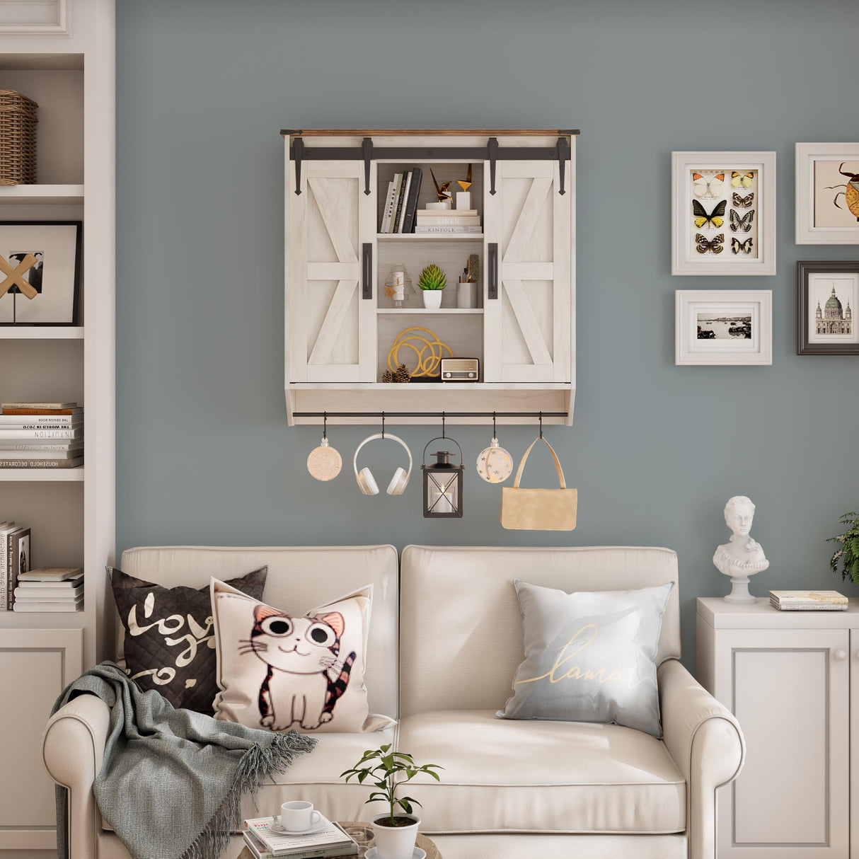 Trironsun Farmhouse Medicine Cabinet 2 Sliding Barn Doors 3 Tier Rustic Wood Wall Storage Cabinet Adjustable Shelf Towel Bar Wall Mounted Bathroom Wall Cabinet (Antique White, 30.71 Inch) Trironsun