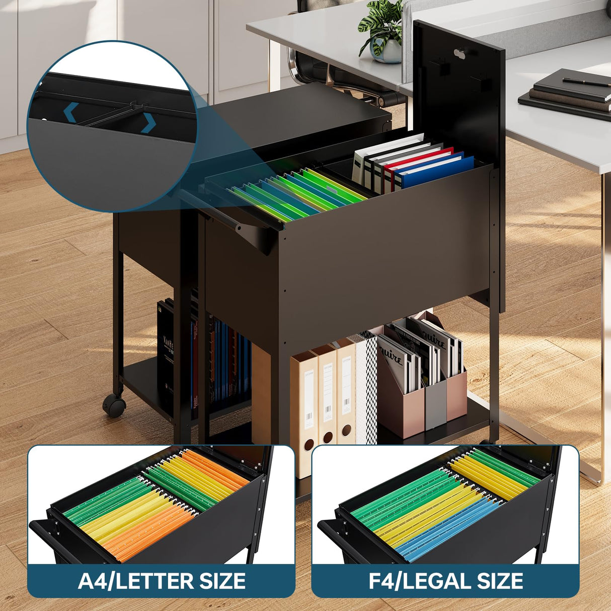 Mobile Files with Lock, Rolling File Cabinet Hanging Letter/Legal Size with Lockable Sliding Cover, Office File Organizer on Wheels MIIIKO