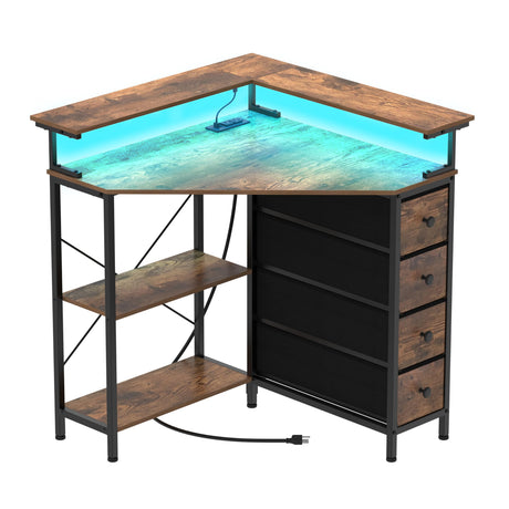 VENNQD Corner Desk with Drawers Shelves for Small Space 90 Degrees Triangle Computer Desk with Power Outlets,Gaming Desk with LED Lights Monitor Stand for Home Office Workstation Writing Table (Brown) VENNQD