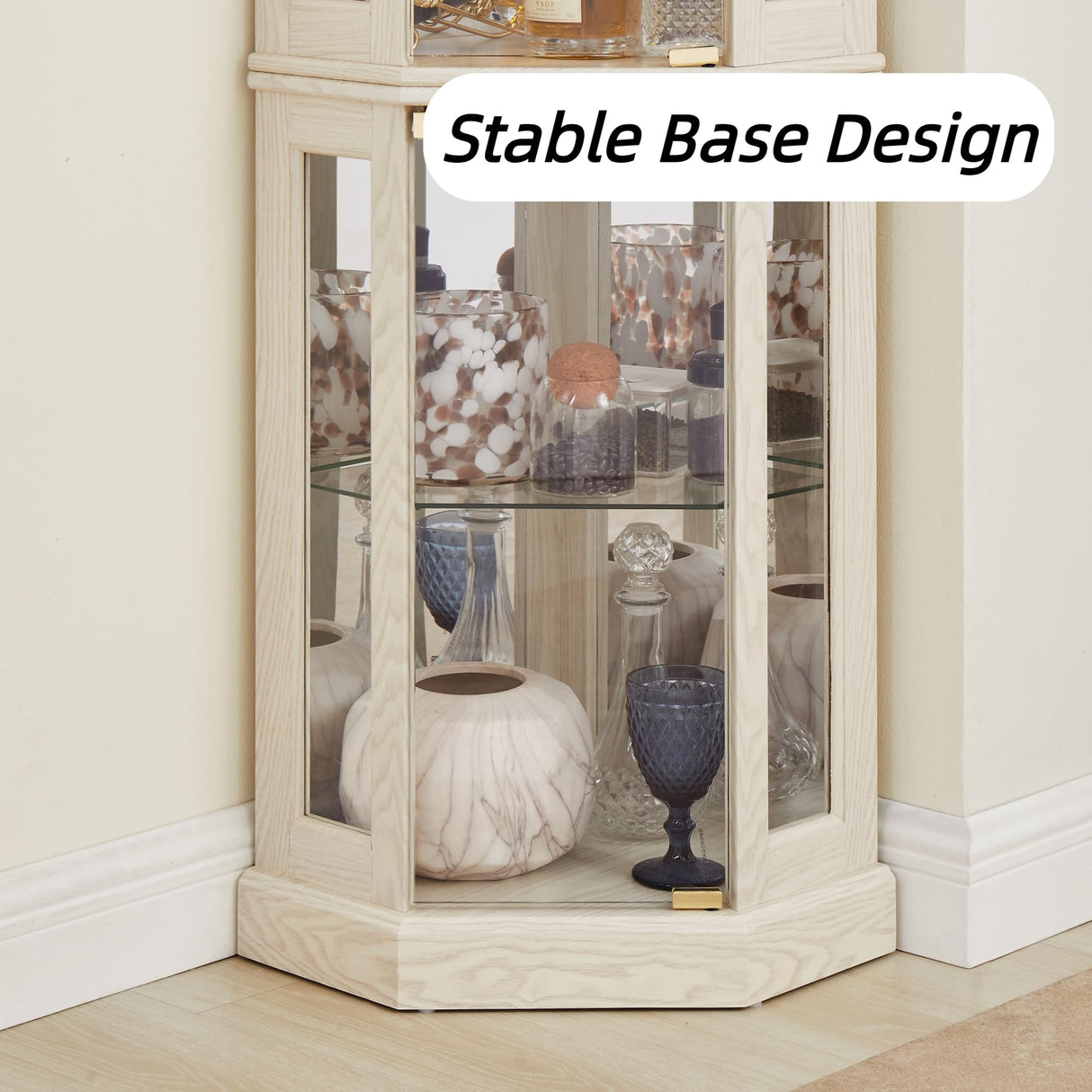 Trygoal 70" H Lighted Corner Curio Cabinet, Curio Cabinet with Tempered Glass Doors and Shelves, Corner Display Case with Light Bulb for Living Room, Dining Room, Antique White Trygoal