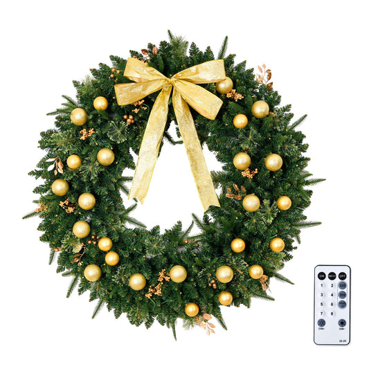 VINGLI 36 Inch Prelit Christmas Wreath, Lighted Christmas Wreath for Front Door, Window, Fireplaces, Indoor Decorate, with 100 LED Lights, 350 Tips, Bow, Pine Cones, Gold Ornaments (Plug-in)