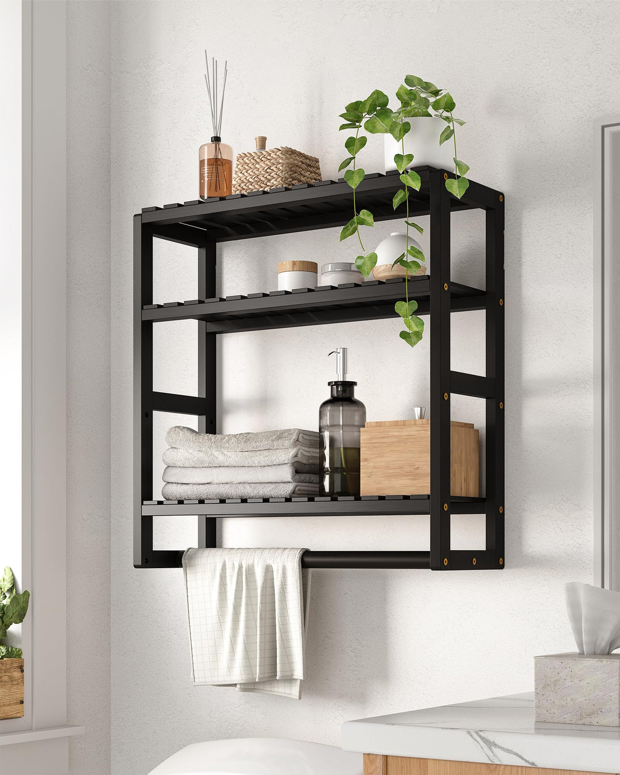 Galood Over The Toilet Storage Bathroom Shelves Wall Mounted 3 Tier Space Saver Corner Shelf Organizer Bamboo Towel Rack Toilet Paper Cabinet with Hanging Rod Black Galood