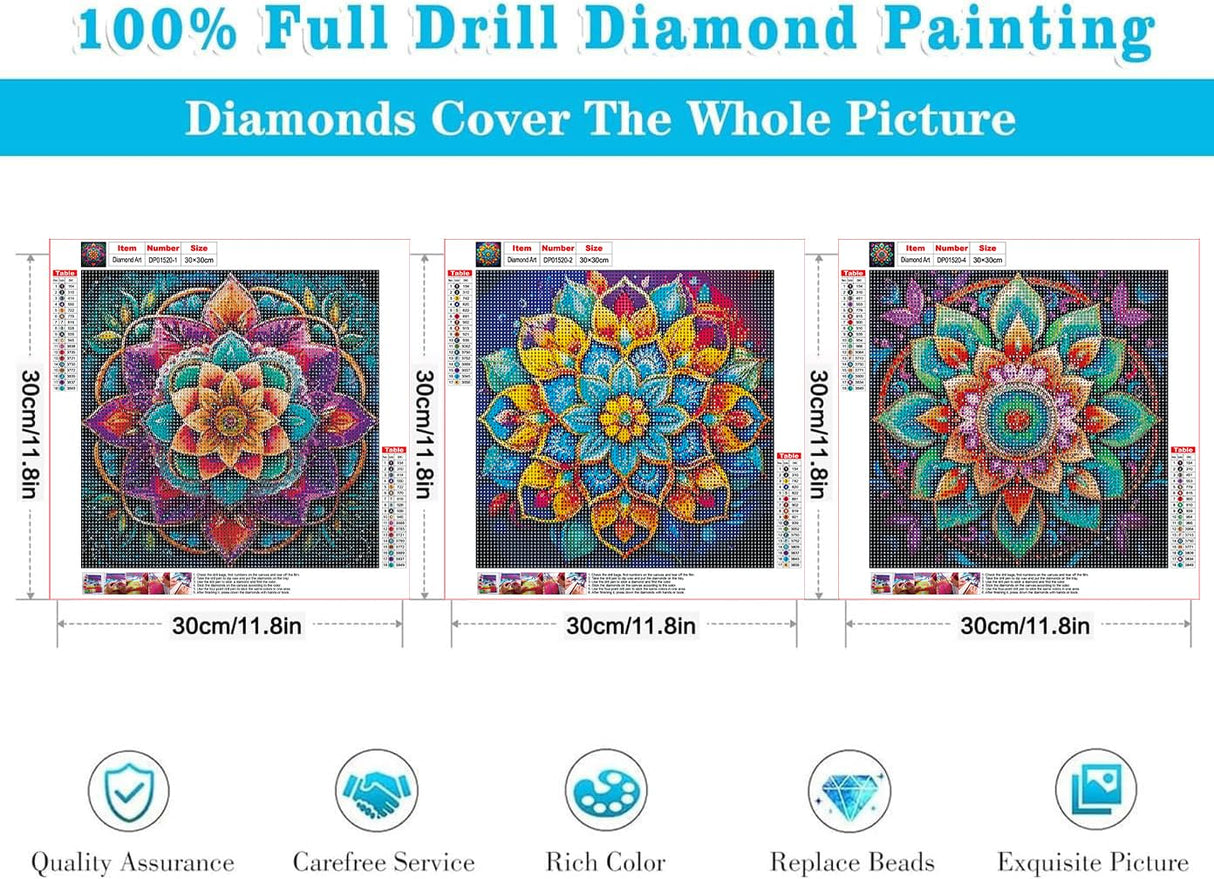 EIBEILI 3 Pack Diamond Art Kits for Adults - Mandala 5D Diamond Painting Kits for Beginner,DIY Gem Art Full Drill Diamond Dots Crystal Craft Kits for Home Wall Decor Gifts 12x12inch EIBEILI