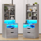 BTHFST Grey Tall Nightstand Set of 2 with LED Lights and Charging Station BTHFST