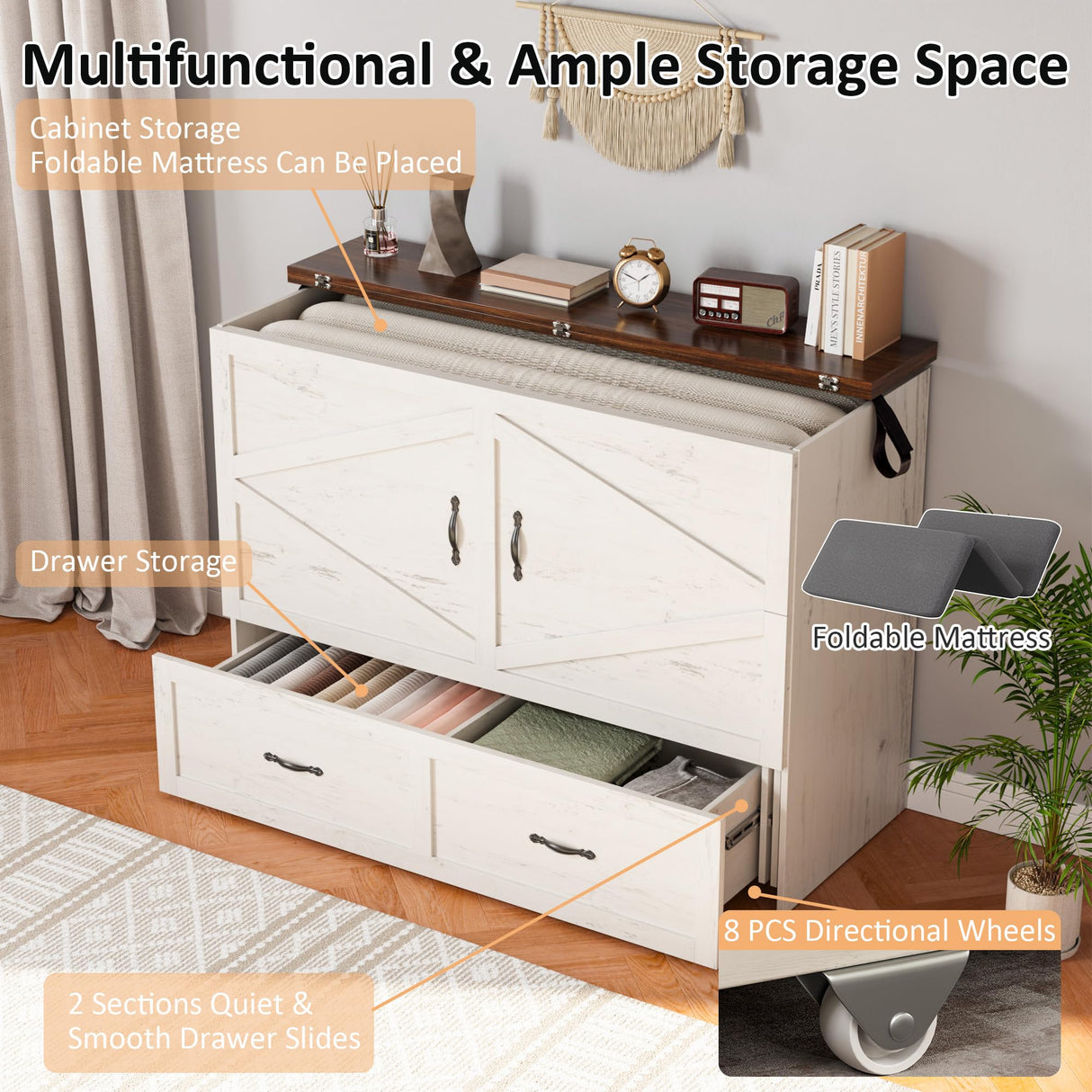 Harpaq Full Size Murphy Bed, Full Size Mobile Cabinet Bed Frame, Farmhouse Wooden Cabinet with Storage Drawer for Bedroom/Office/Guest Room, White+Barnwood Harpaq