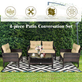 Tangkula 4 Piece Patio Furniture Set, Outdoor Wicker Conversation Set with Glass Top Coffee Table, All Weather Proof and Thick Cushions, Suitable for Porch, Garden, Poolside and Lawn (Brown) Tangkula