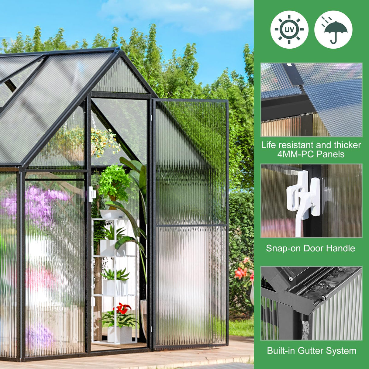CDCASA 8.2x6.2 FT Greenhouse for Outdoors, Easy Assembly Aluminum Heavy Duty Polycarbonate Greenhouses w/Vent Window, Swing Door, Walk-in Green House for Sunroom Patio, Backyard, Garden,Black CDCASA