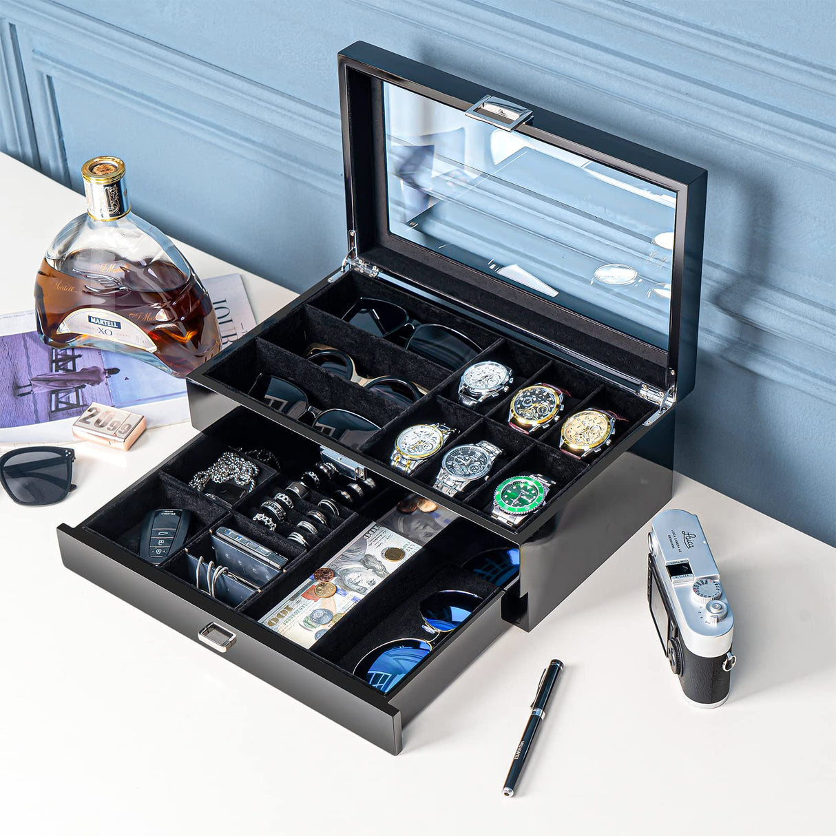 ProCase Wooden Men's Jewelry Box, 2-Tier Watch Holder and Sunglasses Box Organizer for Men, Display Cases with Clear Glass Top and Storage Drawer, Father's Day Gift -Black ProCase
