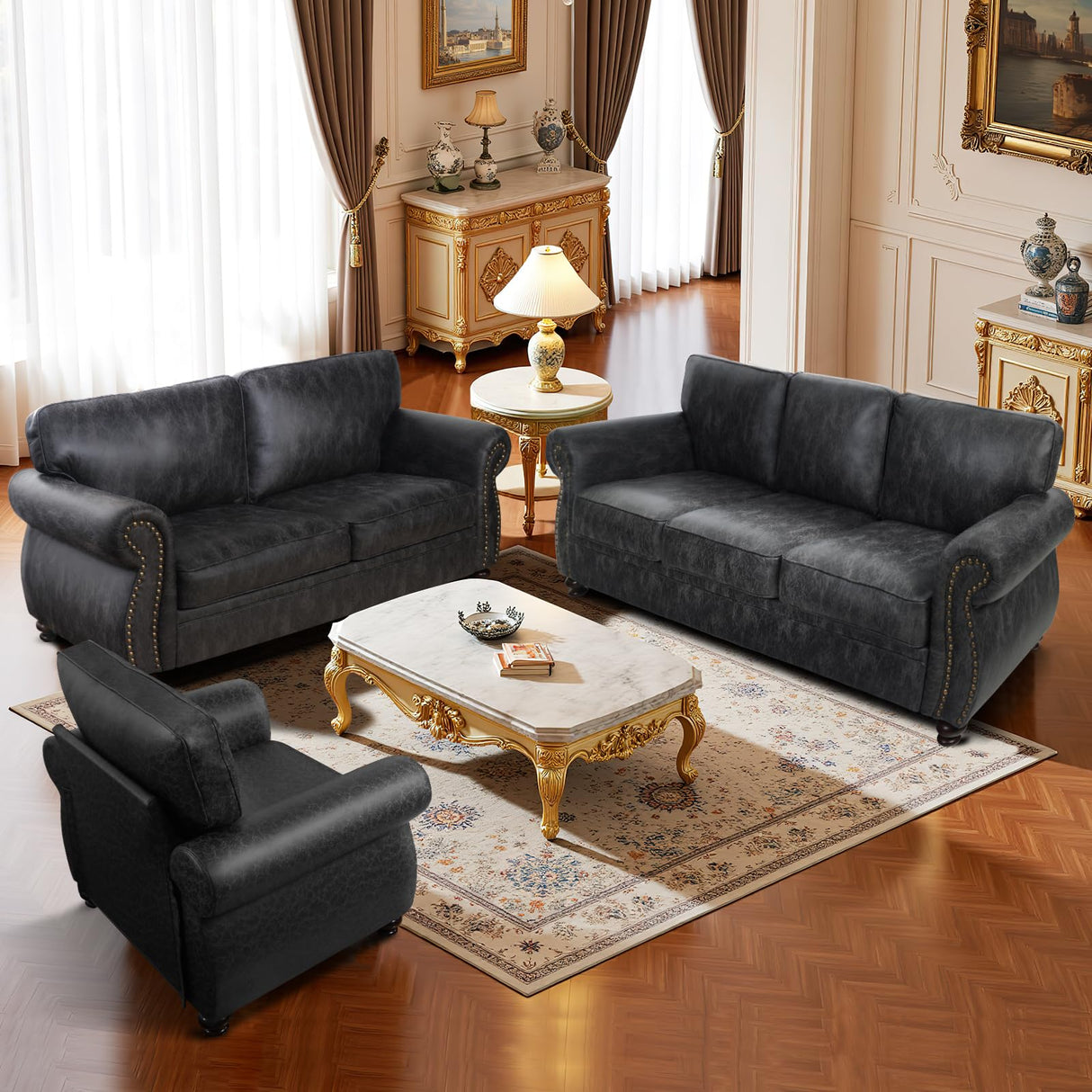 Couchus Mid-Century Vintage Sofa Couches with Rivet Design,loveseat Sofa,Removable Sofa Cover Upholstered Cushions and Solid Wood Frame (Grey, Loveseat) Couchus