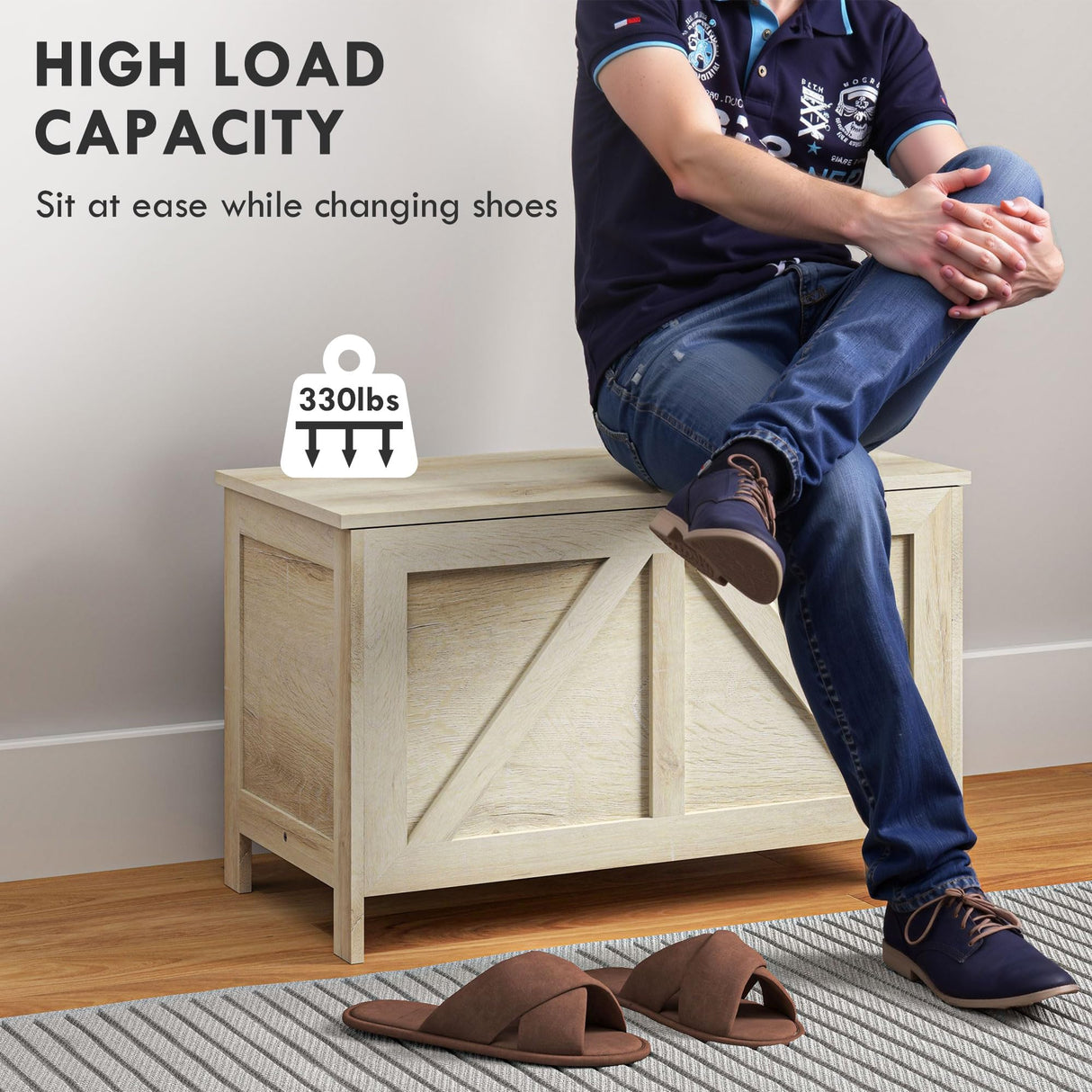 HOMCOM 30" Farmhouse Storage Bench, Lift Top Storage Chest with Safety Hinge to Open Up 100°, Wooden Trunk for Bedroom, Entryway, Living Room, Natural HOMCOM