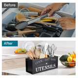 Suli Extra Large Kitchen Utensils Holder with 4 Compartments, Wooden Utensil Organizer for Kitchen Countertop, Farmhouse Kitchen Decor, Rustic Cooking Utensil - Black Suli