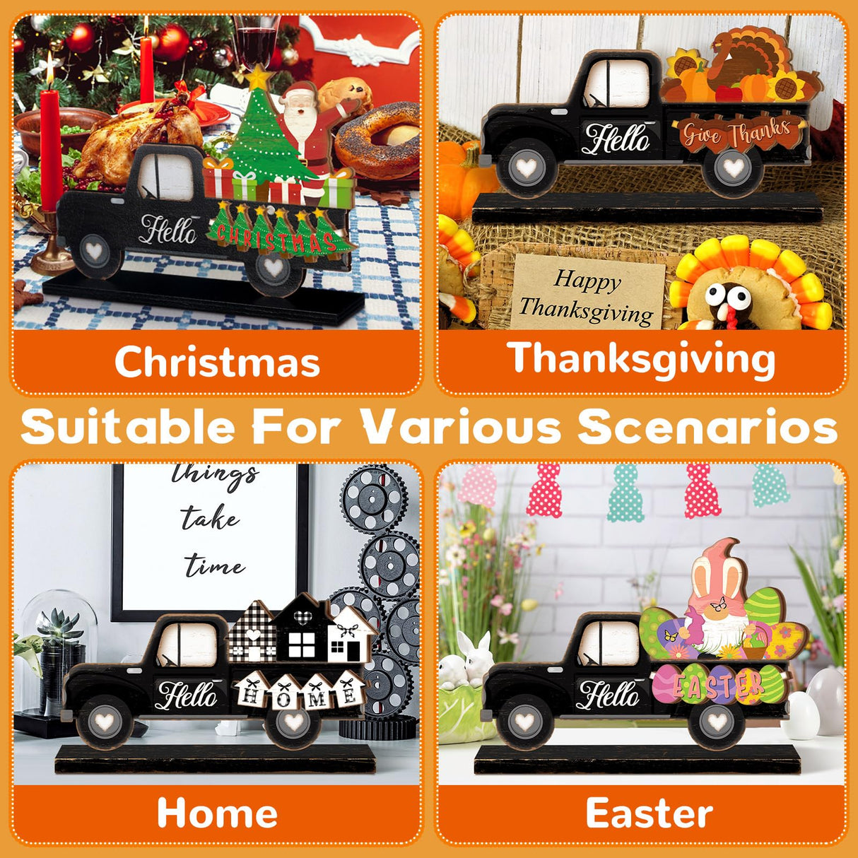 Anglechic 34 Pcs Small Interchangeable Christmas Truck Decor Holiday Seasonal Sign Farmhouse Rustic Wooden Tier Tray Decoration Home Office Desk Welcome Ornament Thanksgiving Gift Anglechic