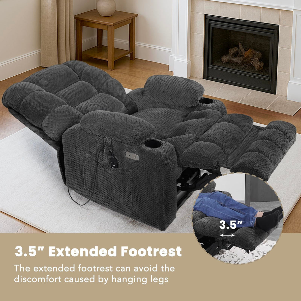 EONIX Dual Motor Lay Flat Power Lift Recliner Chair for Elderly with Heat and Massage, Electric Lift Chairs with Cup Holders for Living Room, 400lbs Heavy Duty, Plush Fabric, SLRY001060, Dark Grey EONIX