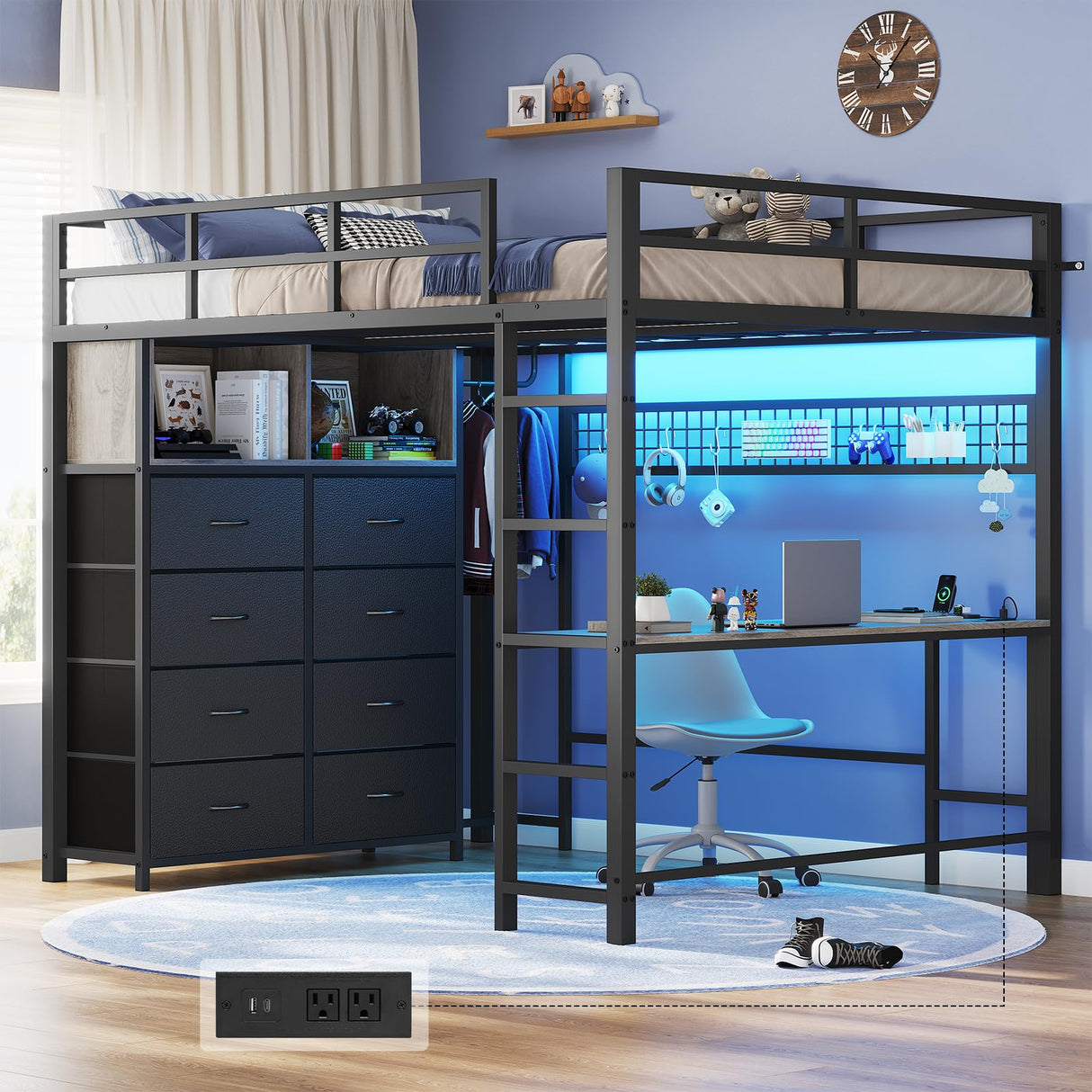 ADORNEVE Loft Bed Full Size with Desk and 8 Storage Drawers, LED Metal Loft Bed with Power Outlet, 2 Shelves & Clothing Rack, Bed with Safety Guardrail & Ladder,Space-Saving, Grey ADORNEVE