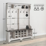 Prepac Farmhouse Washed White Hall Tree, Shoe Cabinet, Storage Cabinet with 12 Shoe Cubbies, 2 Boot Cubbies and 6 Double Coat Hooks 15.5" D x 60" W x 77" H Prepac