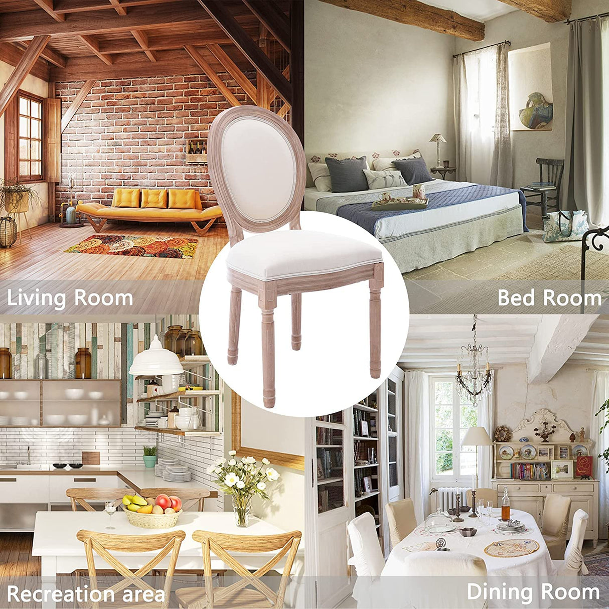 Nrizc French Dining Chairs Set of 6, French Country, Vintage Farmhouse Dining Chairs with Round Back, Solid Wood Beige Fabric Dining Room Chairs, for Kitchen, Bedroom Nrizc