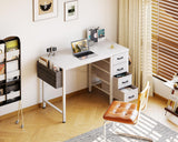Casaottima 32 inch Small Computer Desk with 4 Fabric Drawers, Side Hook and Cloth Bag, Kids Study Table for Bedroom and Small Space, Pure White Casaottima