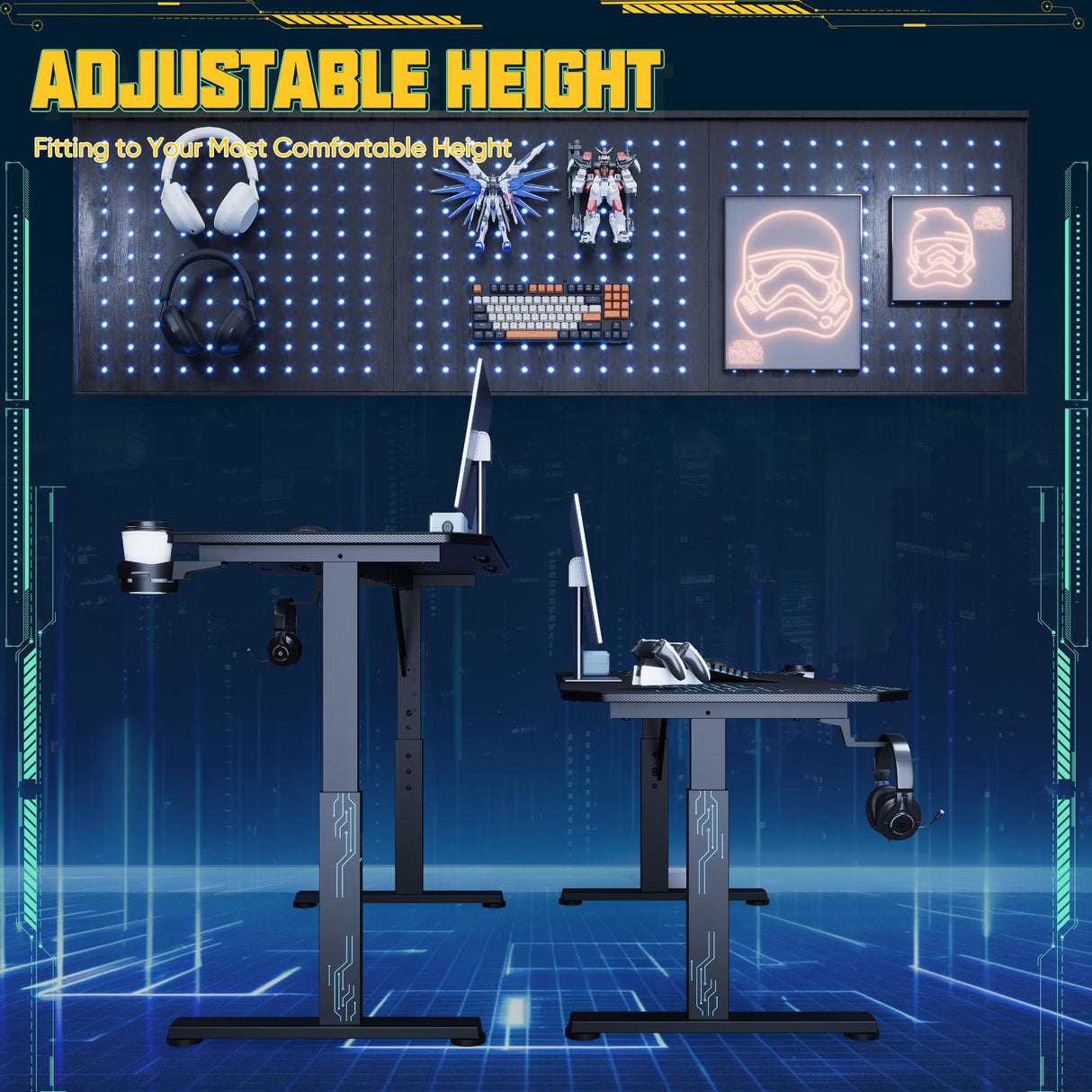 Furmax Height Adjustable Gaming Desk Gamer Table T Shaped with Carbon Fiber Surface Computer PC Desk with Full Covered Mouse Pad, Cup Holder & Headphone Hook, Black (55 Inch) Furmax