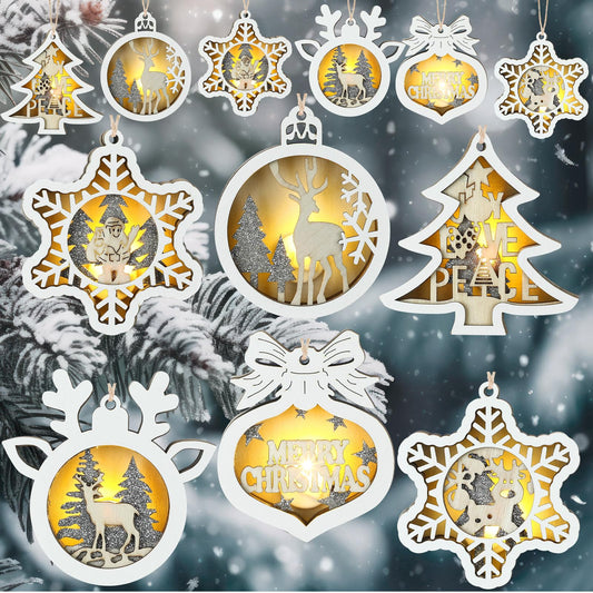 Anglechic 6 Pcs LED Christmas Tree Ornaments Rustic 3D Light up Wooden Christmas Hanging Ornaments Xmas Farmhouse Reindeer Santa Claus Snowflake Decor with Lights for Winter Wonderland Decorations