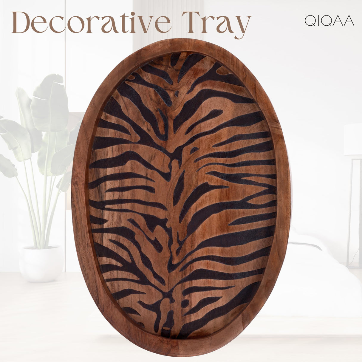 QIQAA Acacia Wood Black Etching Serengeti Tiger Tray | Bathroom Decor, Vanity Organizer, Coffee Table Decor, Jewelry Tray, 16x11x2 QIQAA