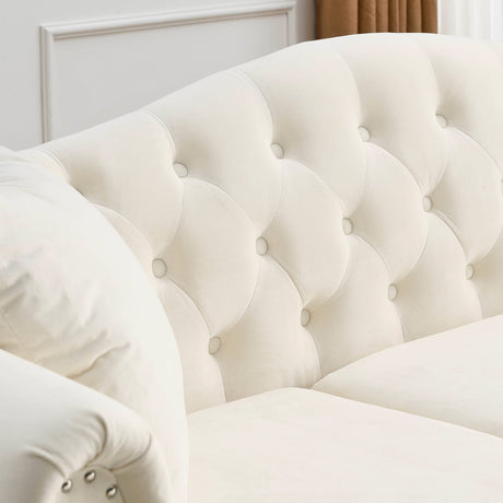 79" Velvet Chesterfield Sofa for Living Room,3 Seater Sofa Button Tufted Nailhead Trimming Curved Backrest Rolled Arms with Wood Legs with 2 Pillows,Bedroom,Office (Beige Velvet, 79*30*32") Fulocseny