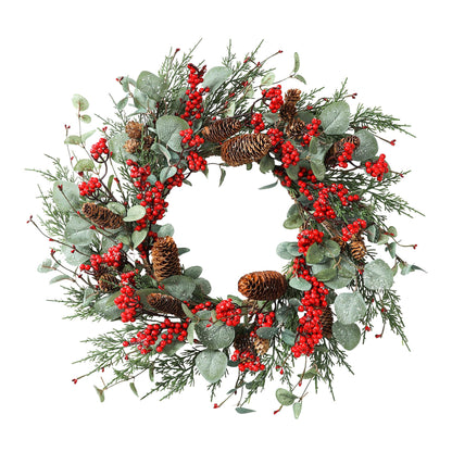 YNYLCHMX 22 Inch Christmas Wreath for Front Door, Winter Wreath with Eucalyptus Leaves Red Berry Pine Cones Pine Needle, Artificial Door Xmas Wreaths for Indoor Farmhouse Holiday Decoration