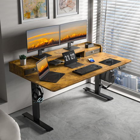 ExaDesk 63×30 Inch Electric Standing Desk with 2 Drawers, Adjustable Height Widened Stand Up Desk with Storage Shelf, Sit to Stand Ergonomic Workstation for Home Office ExaDesk