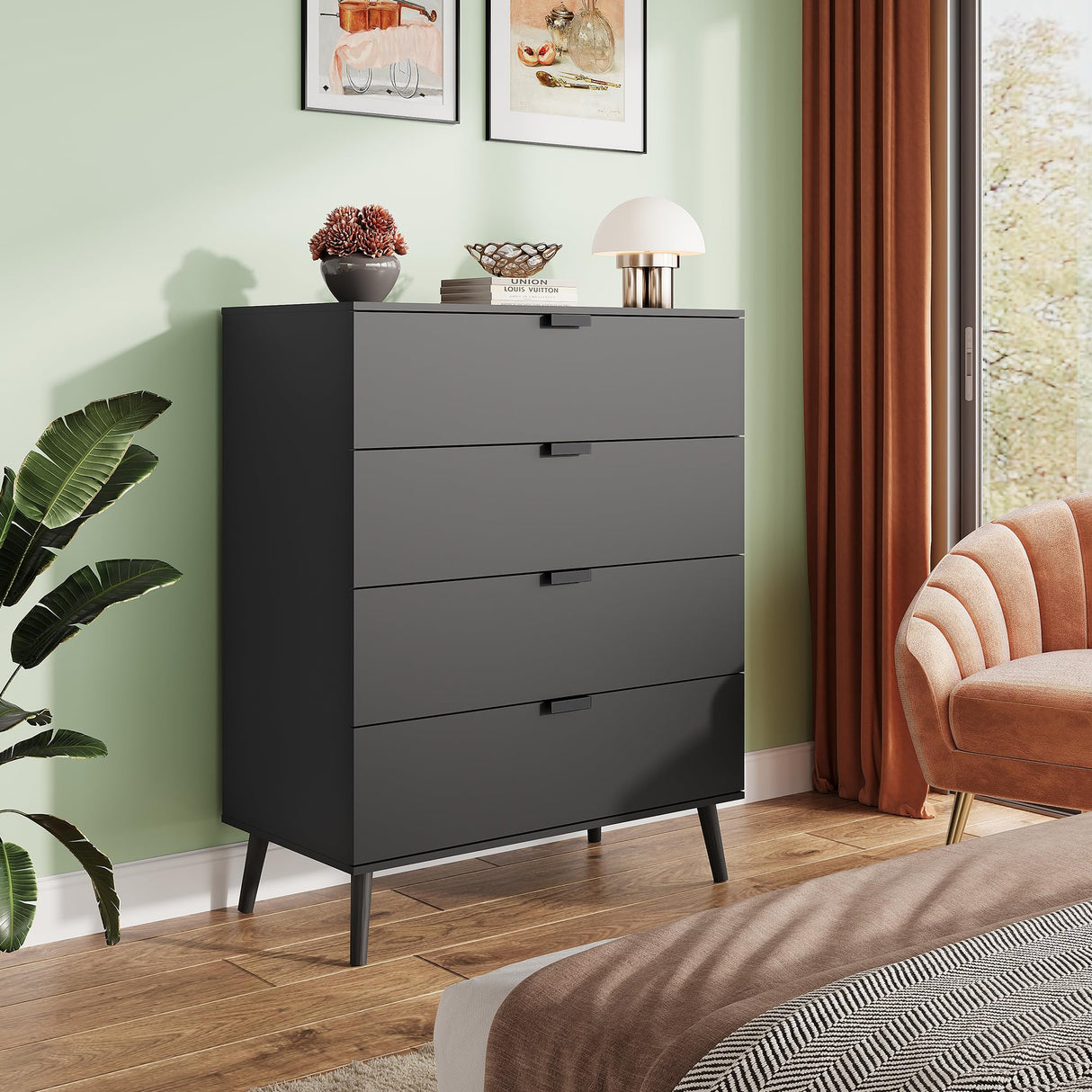 WLIVE 4 Drawer Dresser for Bedroom, Wooden Black Tall Dresser, Modern Dressers with Sturdy Metal Handle, Small Chest of Drawers for Living Room, Hallway WLIVE