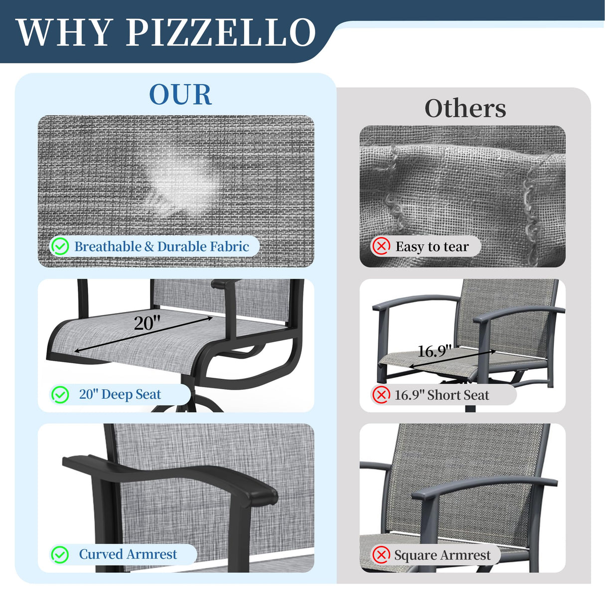 PIZZELLO Patio Swivel Chairs Set of 4 Outdoor Swivel Rocker Dining Chairs with All Weather Textilene High Back and Metal Frame, 350 LBS Capacity, Outdoor Chair Sets for Lawn Garden Backyard Deck, Gray PIZZELLO