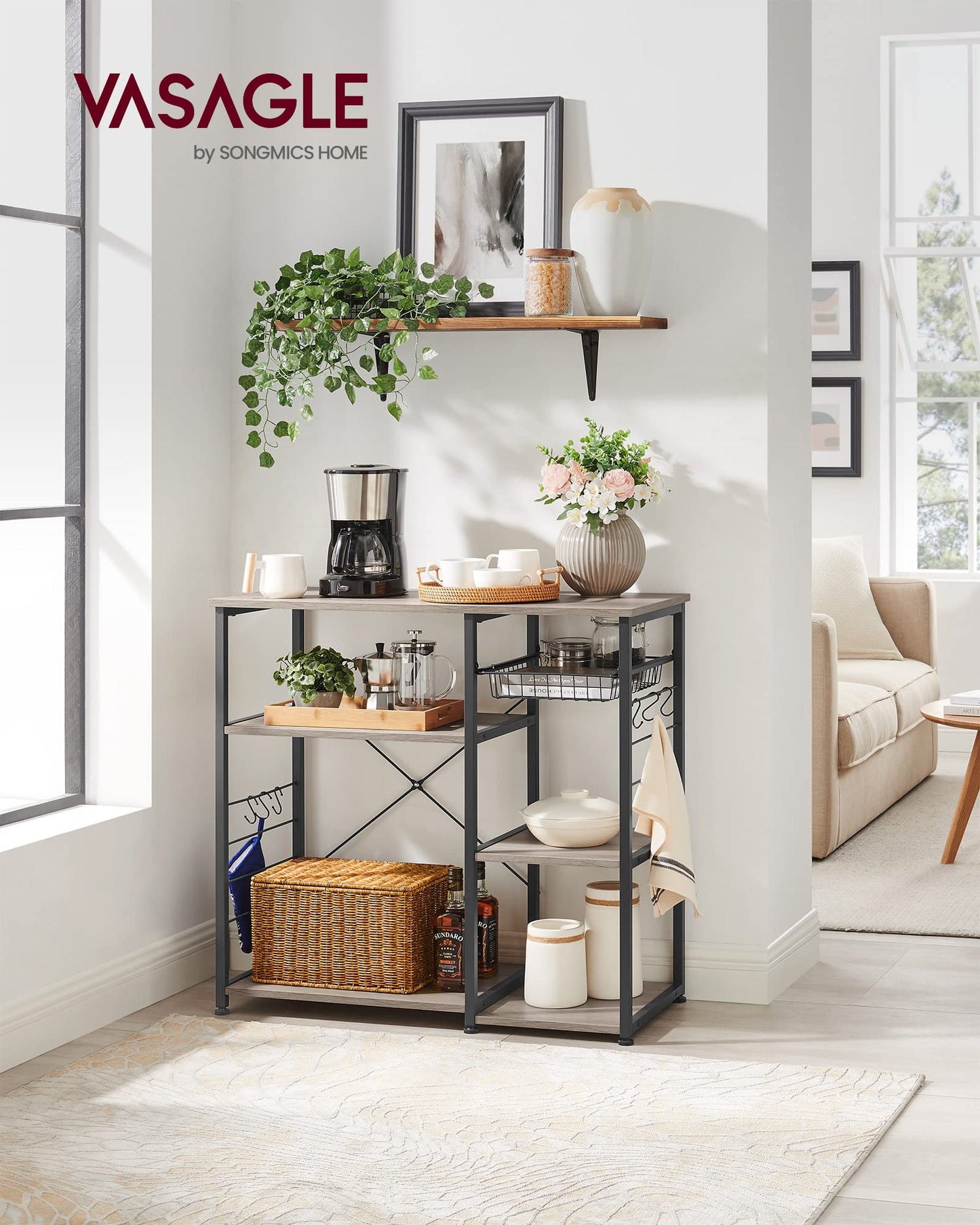 VASAGLE ALINRU Industrial Kitchen Baker's Rack with Wire Basket and Hooks in Greige and Black - WoodArtSupply