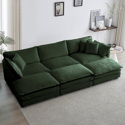 111.42" Deep Seat Sectional Cloud Sofa Sleeper with 3 Ottomans & Soft Pillows, 6 Seat Modular Couch Bed for Living Room, Apartment, Dark Green Chenille