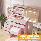 Patikuin Vanity Desk with Mirror and LED Lights, Makeup Vanity Desk with Sliding Lighted Mirror, Power Outlet, Dressing Table with 4 Drawers, Storage Shelves & Cushioned Stool for Bedroom, Pink Patikuin