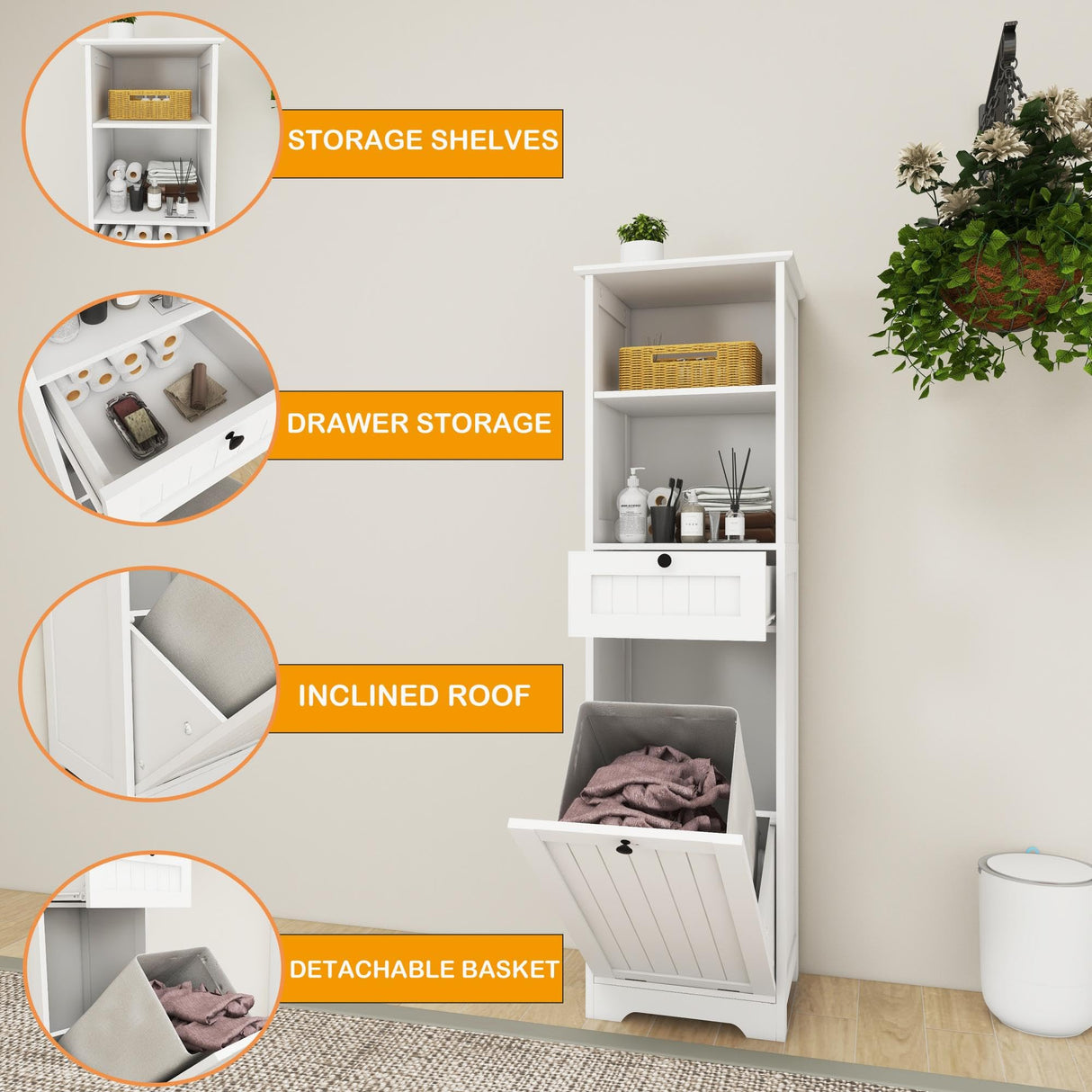 OQSC Tall Tilt Out Laundry Room Cabinets and Storage with Hidden Removable Basket, Pull Out Laundry Cabinet Hamper with Door and Drawer for Laundry Room, Bathroom, 13 Gallons OQSC