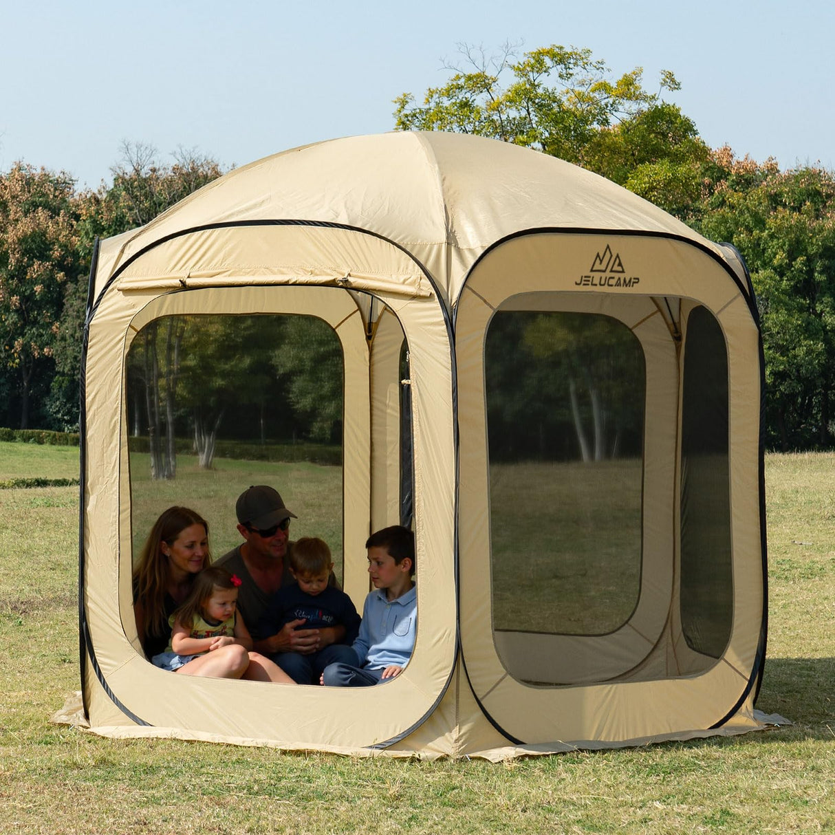 JELUCAMP 10x10 FT Pop Up Screen Tent - Instant Screened Gazebo Canopy with Mosquito Net, Portable Backyard Tent for 4-6 People, Easy Setup Patio Shelter for Camping, BBQ, Sports & Outdoor Activities JELUCAMP