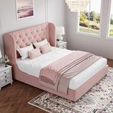HOMBCK Queen Bed Frame, Upholstered Bed Frame with Headboard, Pink Queen Bed Frame, Wide Wingback, Soft Velvet Bed Frame, No Box Spring Needed, Noise Free, Easy Assembly, Pink HOMBCK
