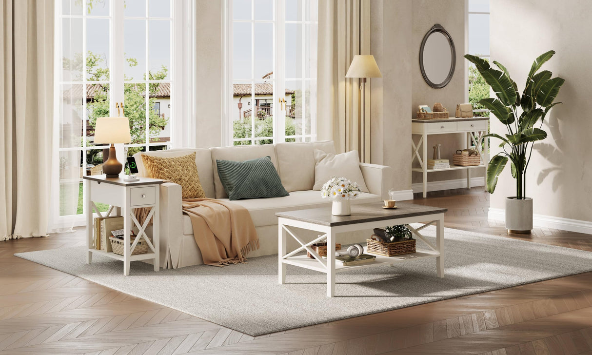 ChooChoo Farmhouse End Table with Charging Station, Accent Small Side Table Nightstand for Living Room, Bedroom, and Small Spaces - Soft White ChooChoo