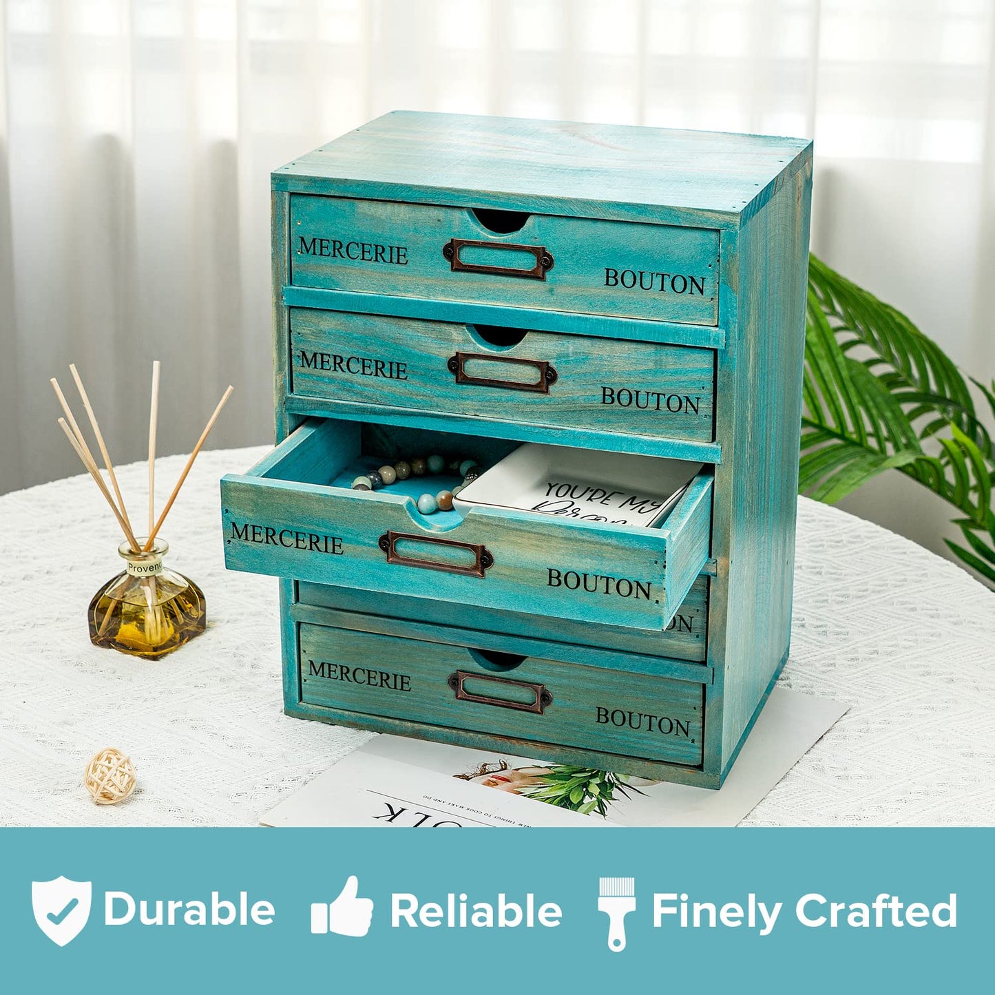 Turquoise 5-Tier Drawer Desktop Curio Cabinet - French Farmhouse Country Desk Organizer Box - Wooden Stackable Shelves - Teal Countertop Shelf w/Label Holder - 5-Level File Drawer Unit