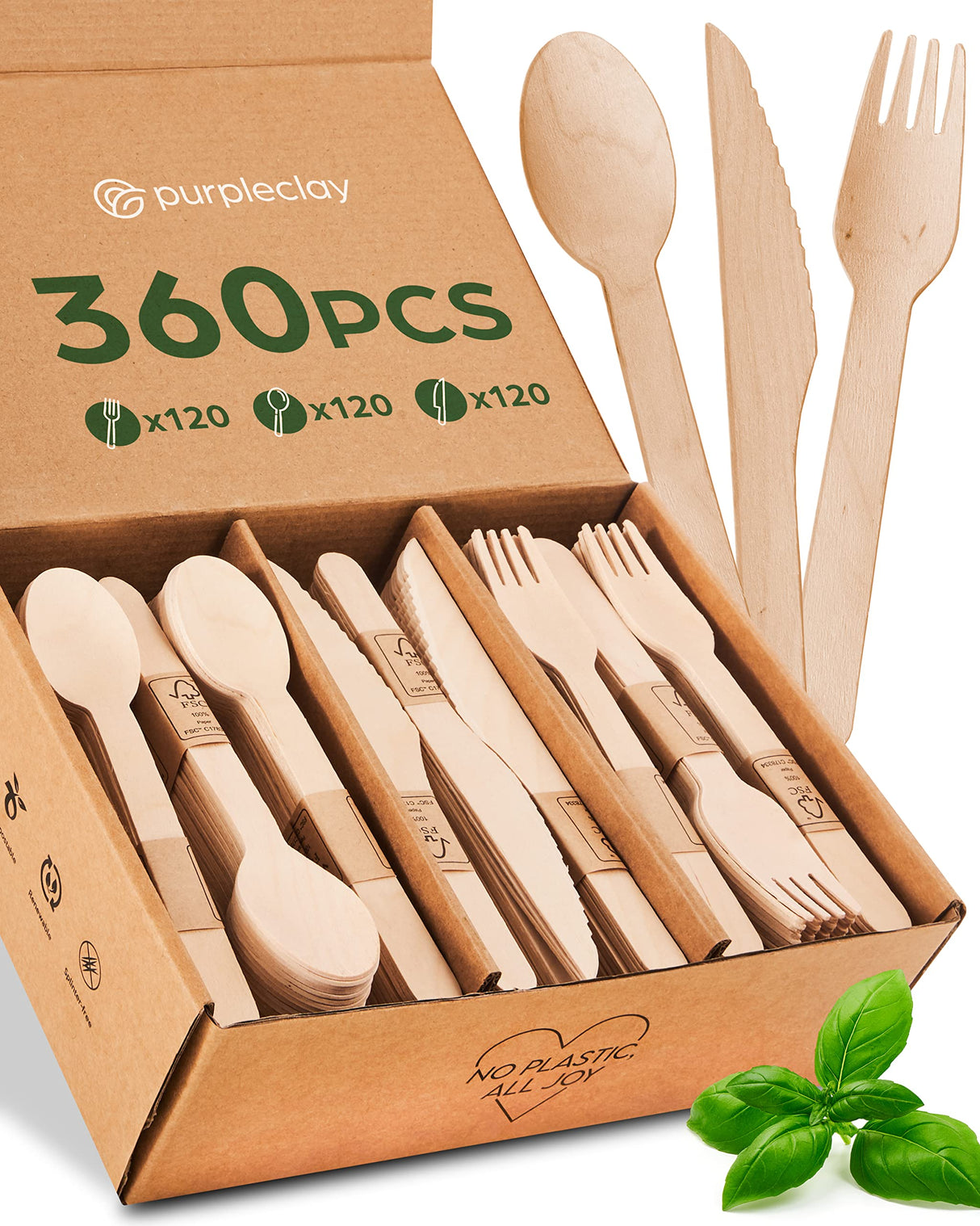 Wooden Compostable Utensils Set - 360 Pieces (120 Forks 120 Spoons 120 Knives) Sturdy Wood Disposable Cutlery - Eco-Friendly Biodegradable Utensils for Party - Free From Plastic Cutlery Set for Eating purpleclay