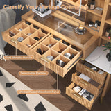 HSSZXFR 48" Fluted Makeup Vanity Desk with Mirror and Lights, Rustic Vanity Table with Modern Glass Top and Charging Station, Vanity Wooden 5 Drawers and Shelves Adjustable (Wood) HSSZXFR