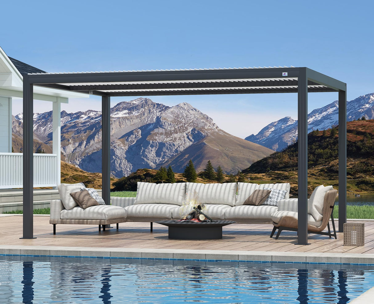 PURPLE LEAF 11' x 15' Adjustable Louvered Pergola with Drainage System Aluminum Outdoor Pergola with White Sun Shade Roof Hardtop Gazebo Metal Patio for Deck Backyard Garden PURPLE LEAF