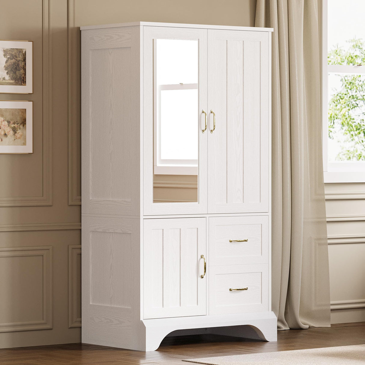 LIKIMIO Armoire Wardrobe Closet with Mirror and 3 Doors and 2 Drawers, Bedroom Wooden Armoire Storage Cabinet Combination with Hanging Rod for Bedroom, White LIKIMIO