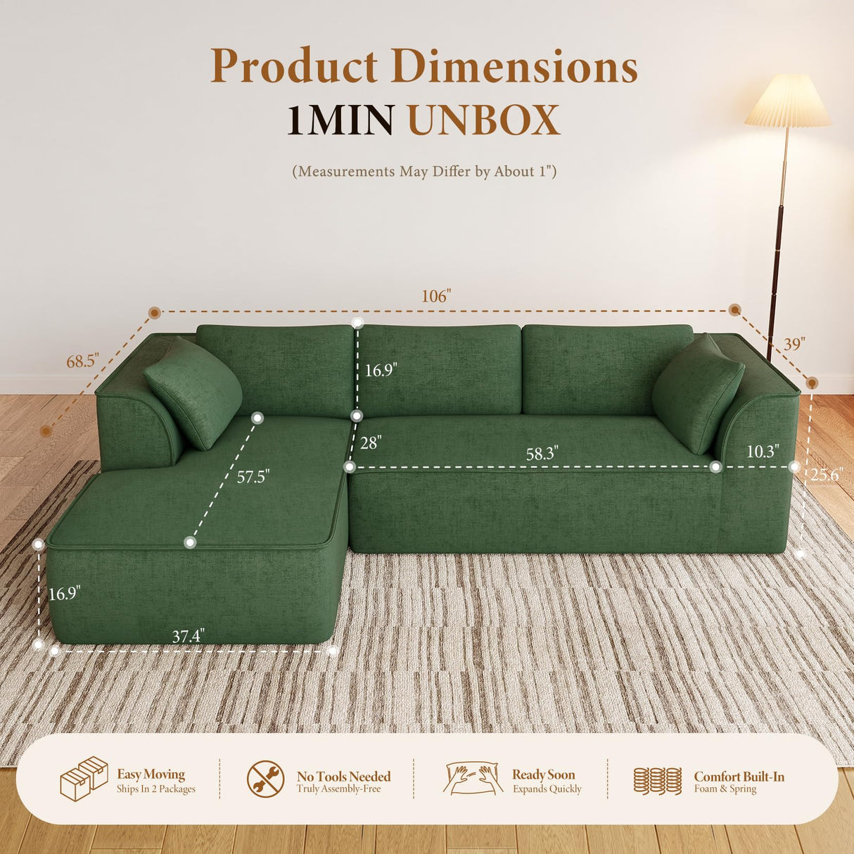 Vesgantti 106" Cloud Couch Sectional Modular Sofa, Deep Seat Comfy Cloud Couch Chenille Memory Foam Sofa Modular Couches for Living Room Bedroom, No Assembly Required (Green, Left-Facing Chaise) Vesgantti