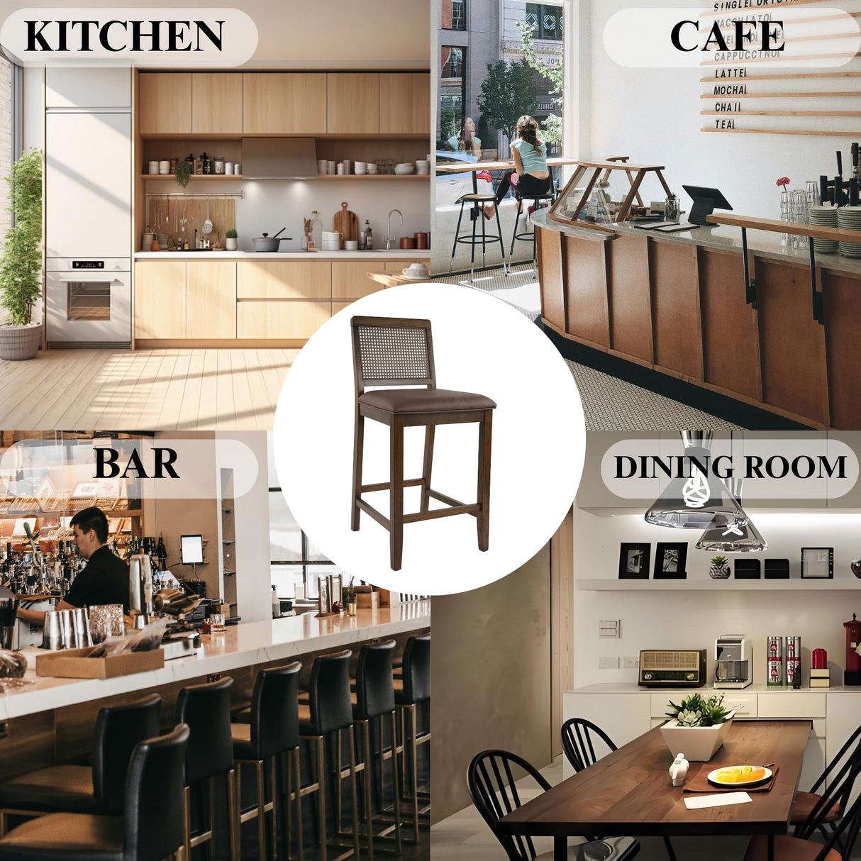 Janoray 26" Counter Height Bar Stools Set of 2, Rattan Woven Barstool with PU Leather Upholstered Seat and Solid Wood Frame Farmhouse Dining Chairs for Kitchen/Island Pub/Bistros/Restaurant Janoray