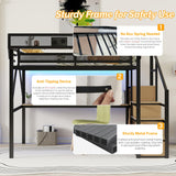 Mirightone Queen Size Loft Bed with Desk & Stairs, Heavy-Duty Metal Loft Beds with LED and Charging Station, High Loft Bed Frame with Wardrobe for Boys Girls and Teens, No Box Spring Needed (Black) Mirightone