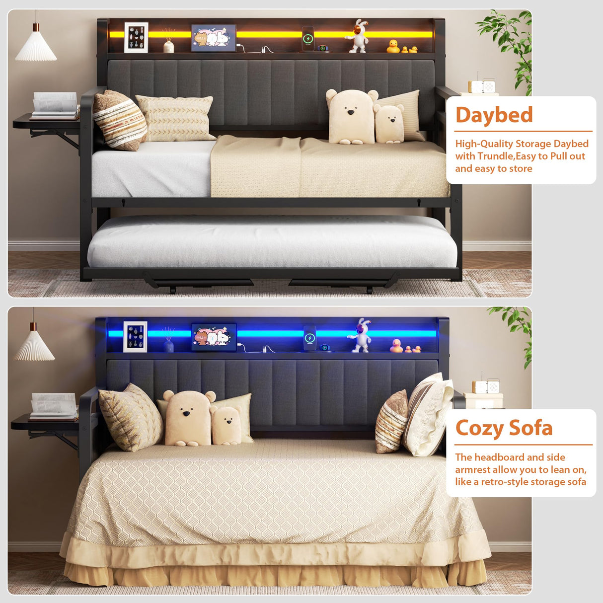 Daybed with Trundle and LED Light, Heavy Duty Metal Twin Bed Frame with Upholstered Storage Headboard & Charging Station, Day Bed Pop Up Trundle Bed Twin for Living Room,Bedroom and Guest Room (Black) Jocoevol