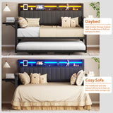 Daybed with Trundle and LED Light, Heavy Duty Metal Twin Bed Frame with Upholstered Storage Headboard & Charging Station, Day Bed Pop Up Trundle Bed Twin for Living Room,Bedroom and Guest Room (Black) Jocoevol