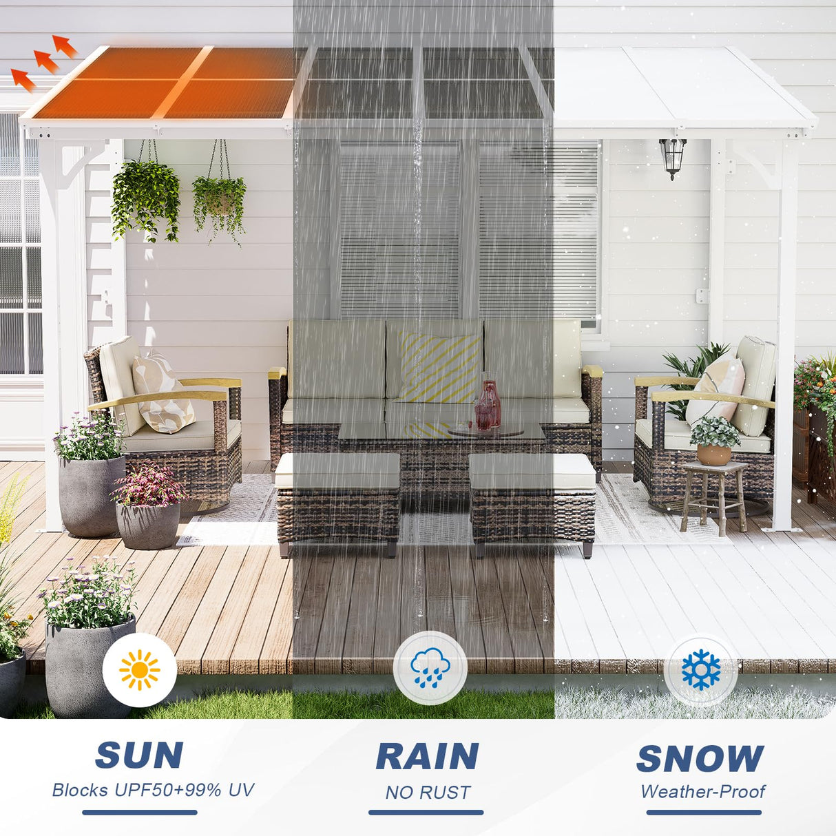 MEISSALIVVE 8' x 12' Wall Mounted Lean to Metal Awnings with Sloped Roof, Outdoor Patio Gazebo Awning for Backyard, Deck, White MEISSALIVVE