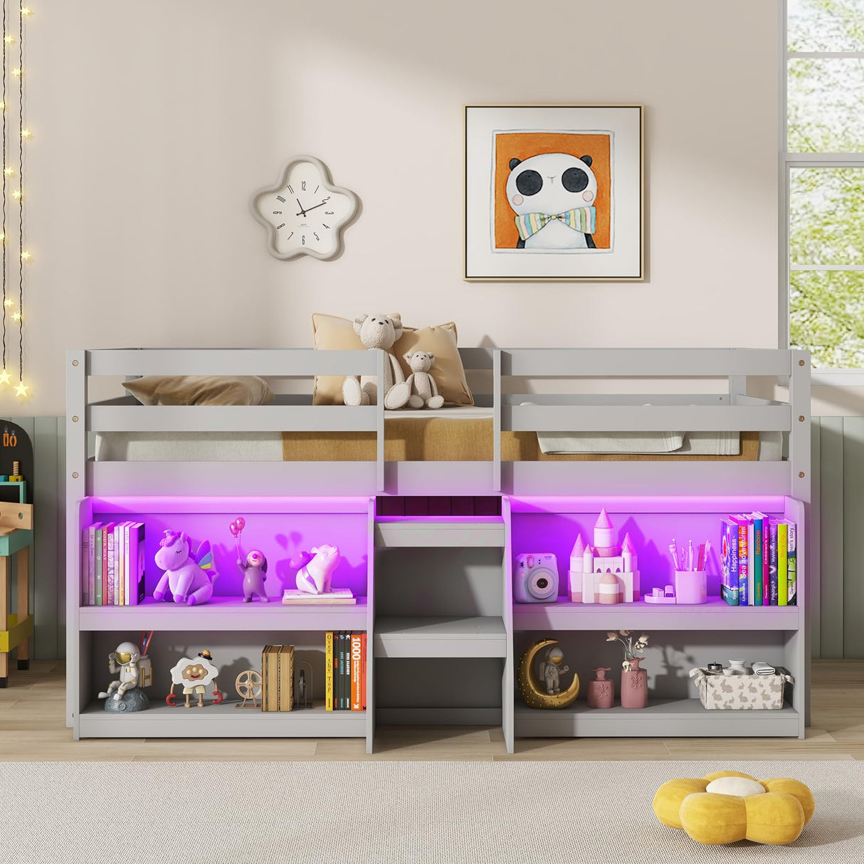 Giantex Low Loft Bed with LED Lights, Wooden Twin Loft Bed with Stairs & Safety Guardrail, Loft Bed Twin Size with Storage Bookcase and Under-Bed Play Space, Loft Bed for Kids (Grey) Giantex
