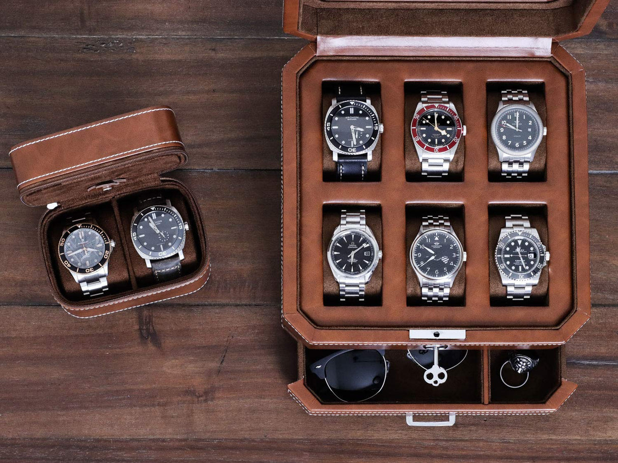 Gift Set 6 Slot Leather Watch Box with Valet Drawer - Luxury Watch Case Display Organizer, Microsuede Liner, Locking Jewelry Box, Mens Storage Boxes Holder Large Glass Top (Tan/Brown Gift Set) ROTHWELL